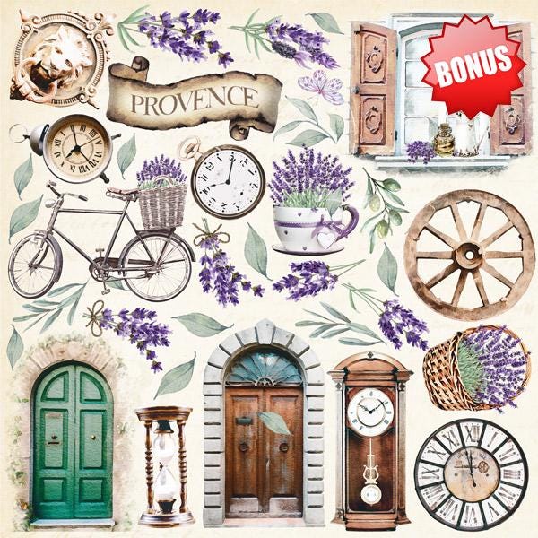 Journey to Provence Scrapbook Paper 8x8, Lavender Double Sided Paper, Junk Journal Card Making Craft Supplies