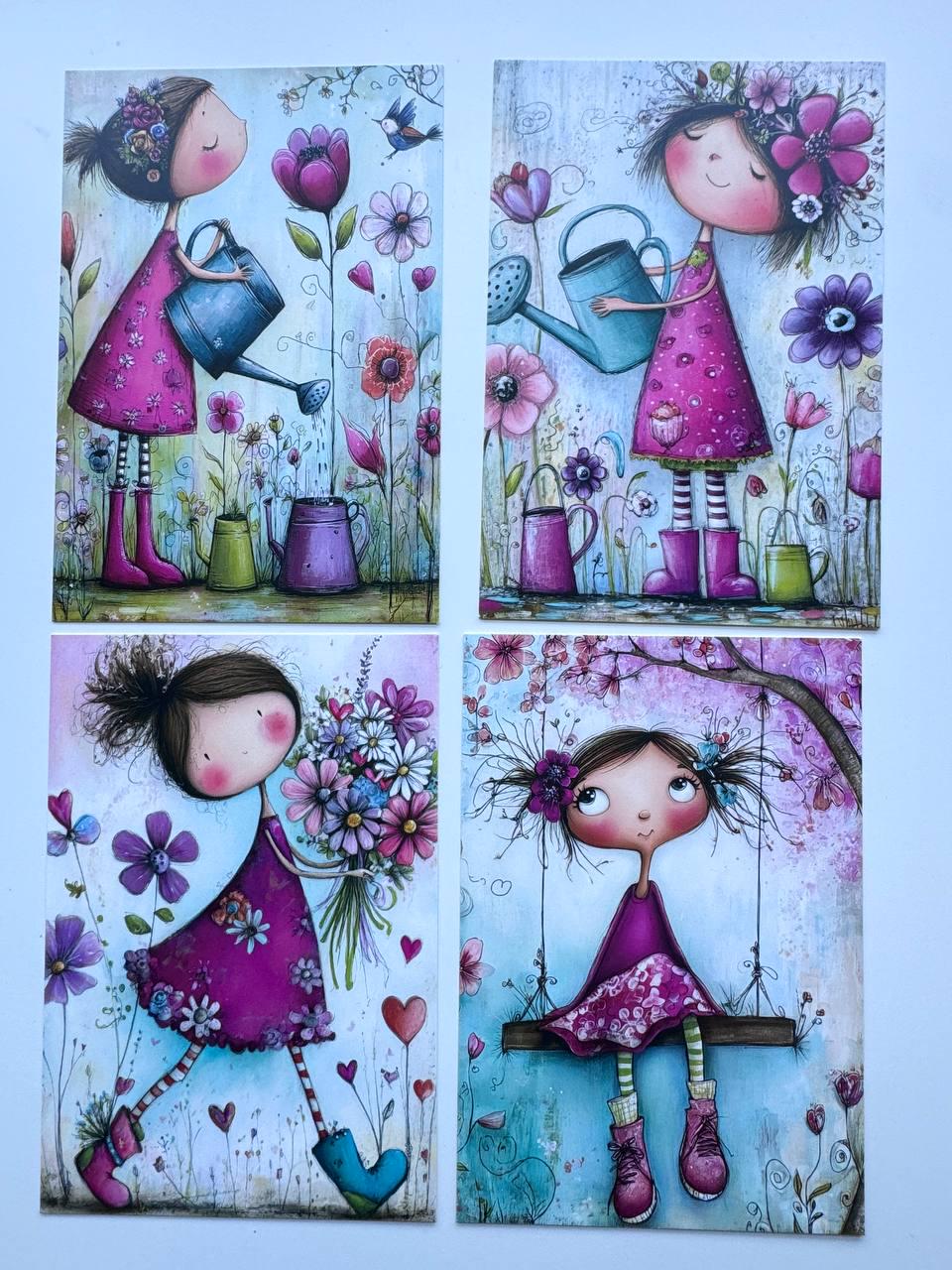 Set of 20 Whimsical Girl Postcards, Cute Floral Art Card Set, Junk Journal Ephemera, Scrapbooking Cards, Collage Paper Pack, Gift