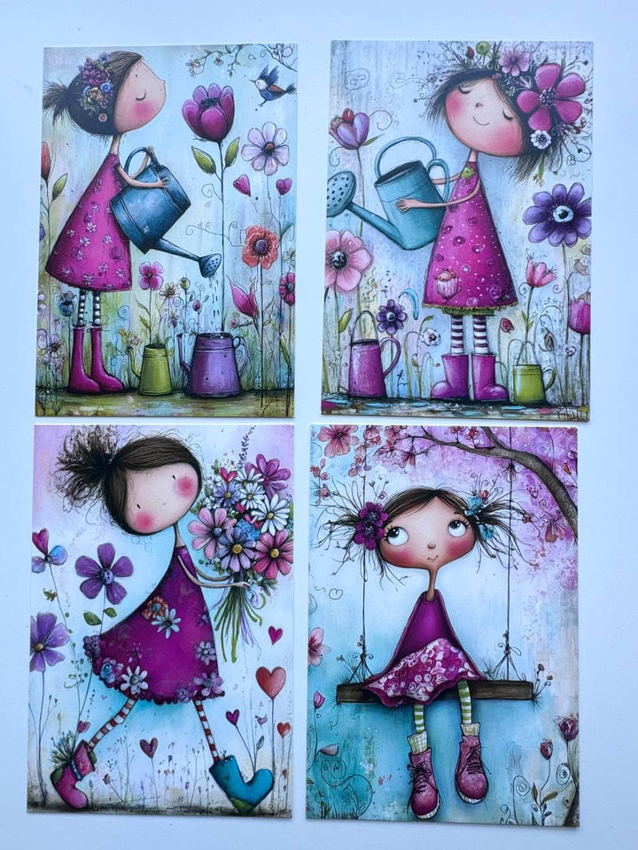 Set of 20 Whimsical Girl Postcards, Cute Floral Art Card Set, Junk Journal Ephemera, Scrapbooking Cards, Collage Paper Pack, Gift