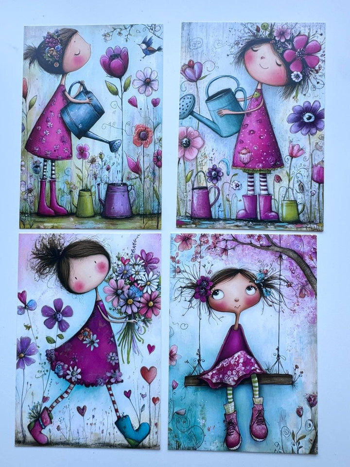 Set of 20 Whimsical Girl Postcards, Cute Floral Art Card Set, Junk Journal Ephemera, Scrapbooking Cards, Collage Paper Pack, Gift