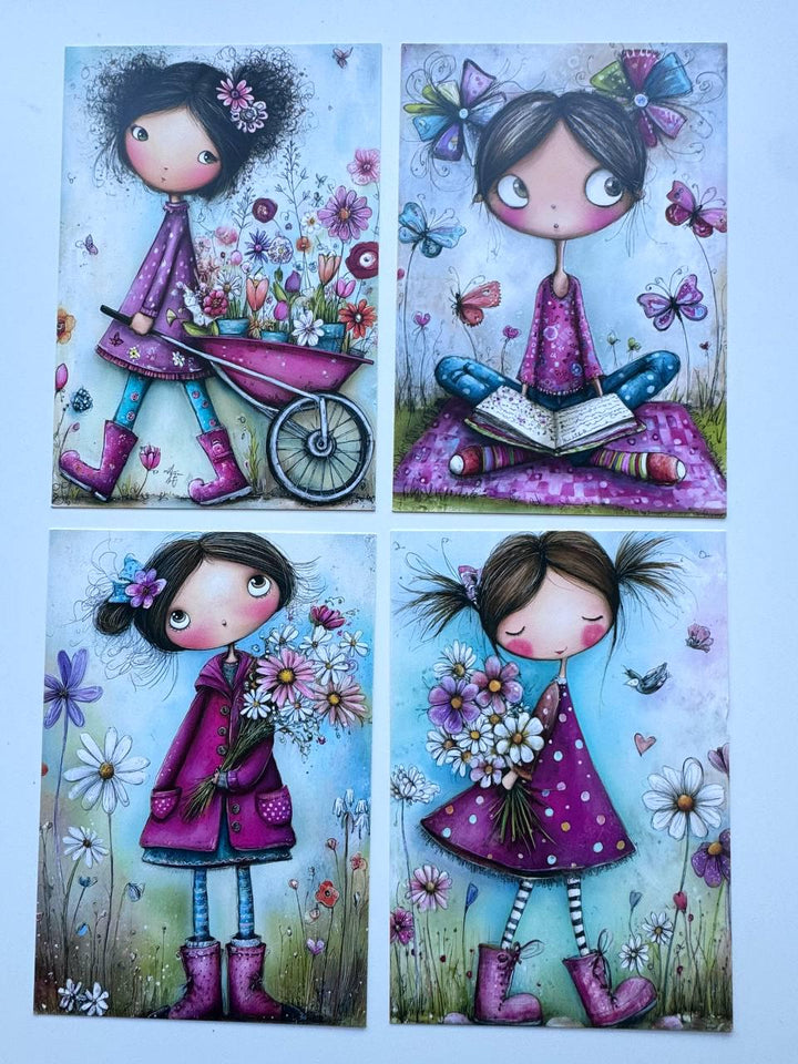 Set of 20 Whimsical Girl Postcards, Cute Floral Art Card Set, Junk Journal Ephemera, Scrapbooking Cards, Collage Paper Pack, Gift