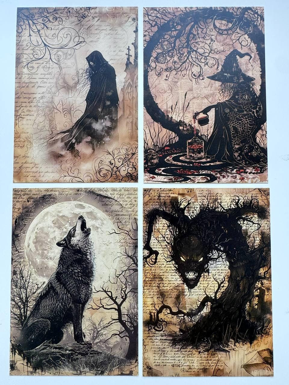 Set of 20 Halloween Postcards, Gothic Junk Journal Cards, Spooky Ephemera, Witch Scrapbooking Supplies, Vintage Halloween Paper Craft