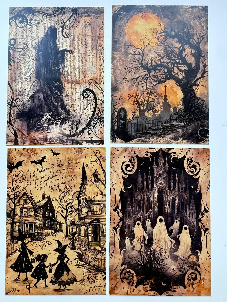 Set of 20 Halloween Postcards, Gothic Junk Journal Cards, Spooky Ephemera, Witch Scrapbooking Supplies, Vintage Halloween Paper Craft