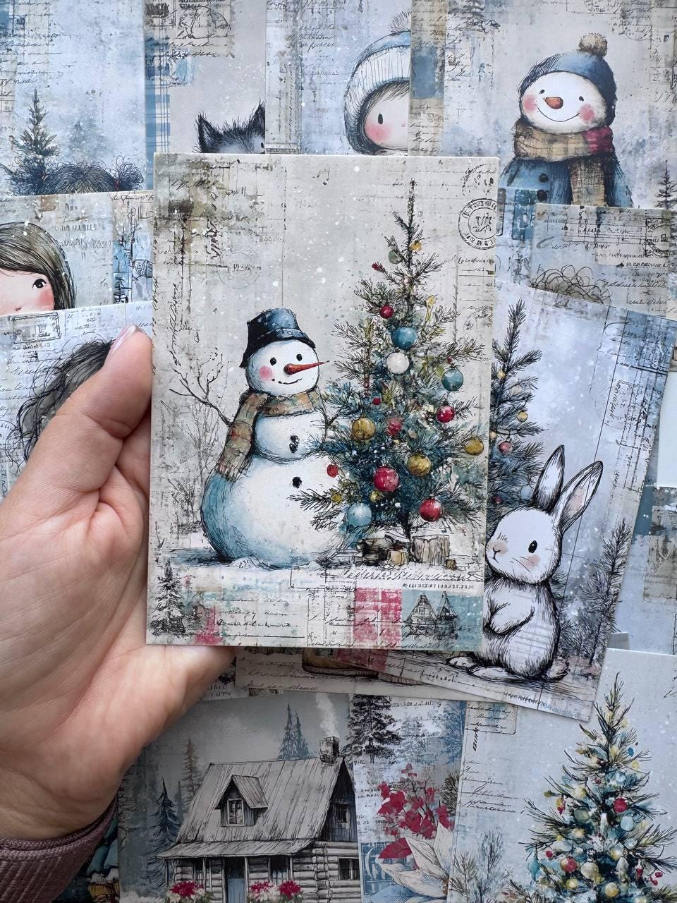 Set of 20 Winter Christmas Journal Cards, Whimsical Ephemera, Snowman & Angel Cards, Junk Journal Supplies, Scrapbooking, Winter Crafts