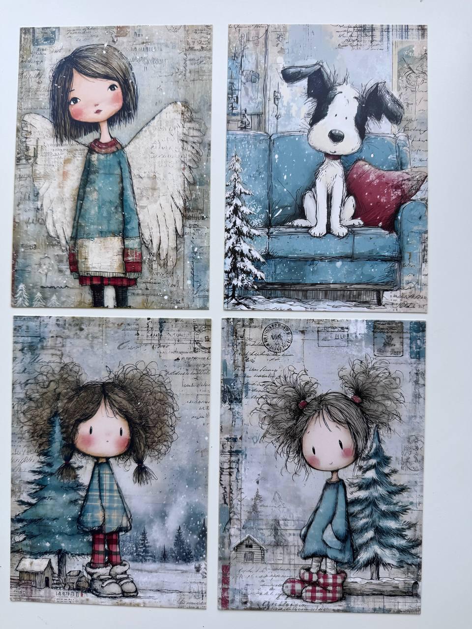Set of 20 Winter Christmas Journal Cards, Whimsical Ephemera, Snowman & Angel Cards, Junk Journal Supplies, Scrapbooking, Winter Crafts