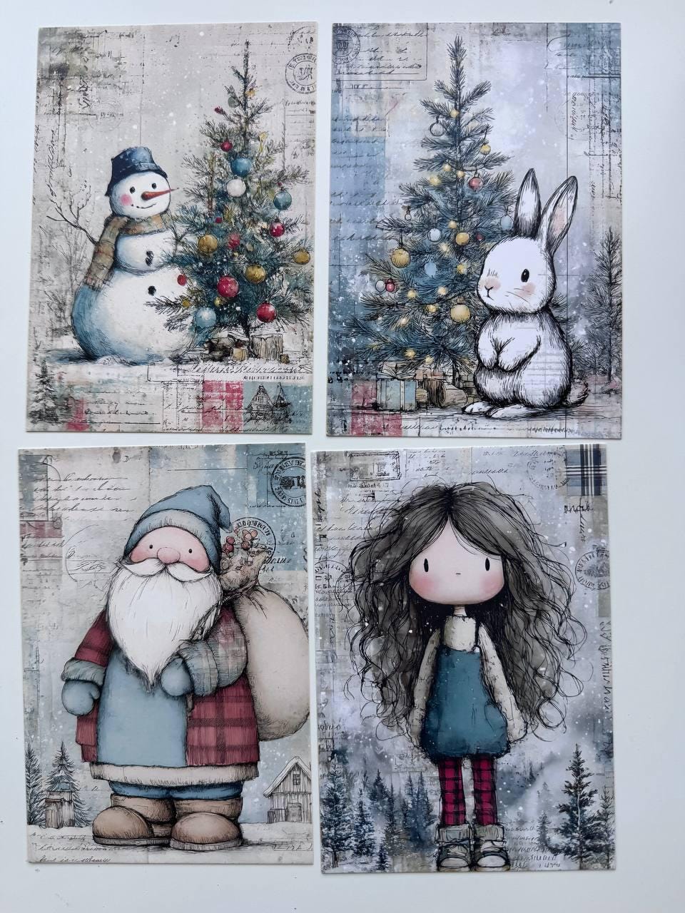 Set of 20 Winter Christmas Journal Cards, Whimsical Ephemera, Snowman & Angel Cards, Junk Journal Supplies, Scrapbooking, Winter Crafts