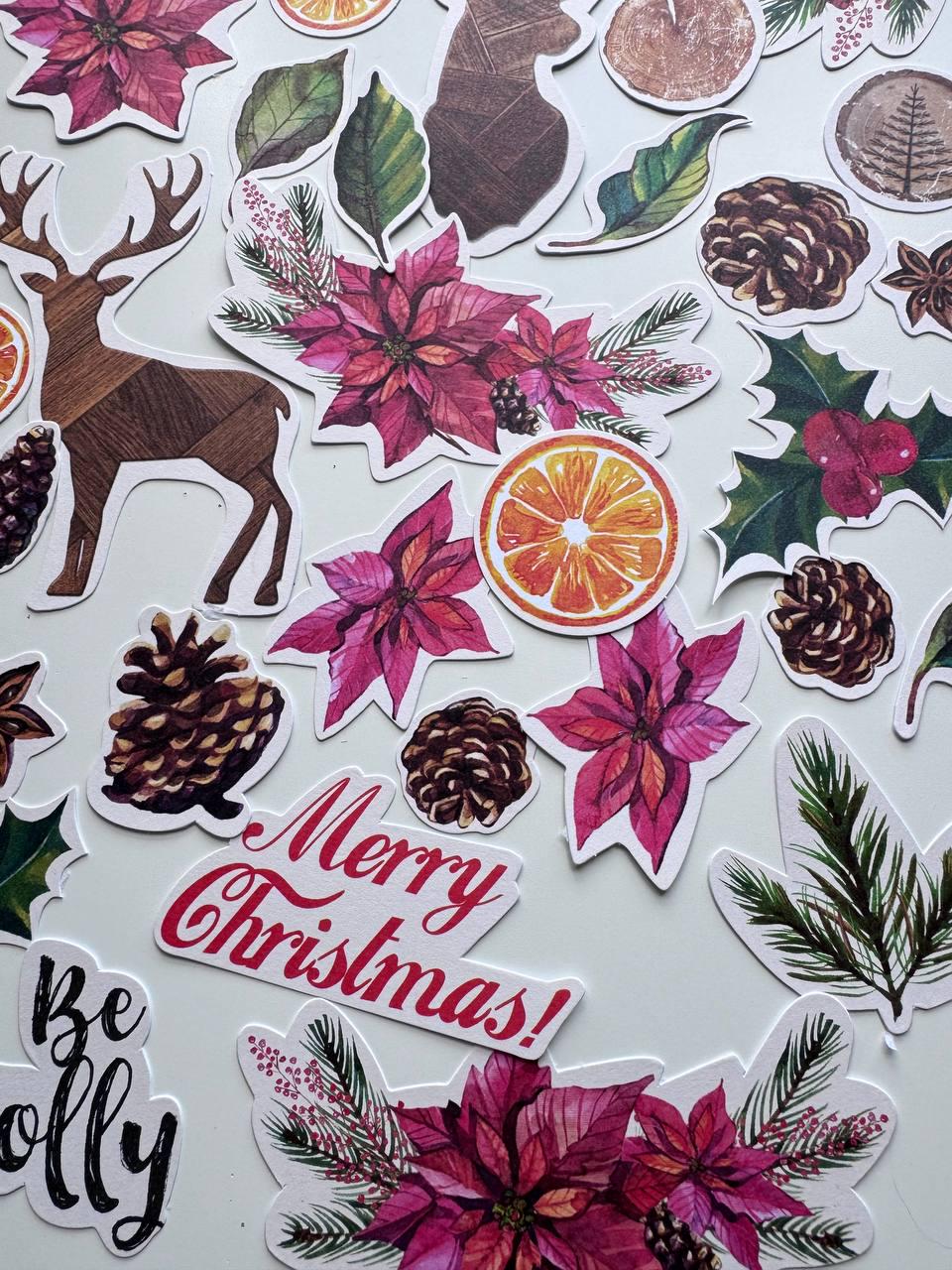 61 Christmas Die Cuts, Winter Botanical Ephemera, Poinsettia & Deer Cardstock Pieces, NOT Stickers, No Adhesive, Junk Journal