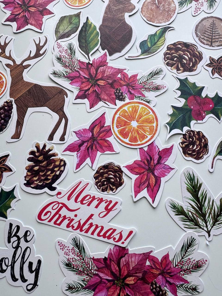 61 Christmas Die Cuts, Winter Botanical Ephemera, Poinsettia & Deer Cardstock Pieces, NOT Stickers, No Adhesive, Junk Journal