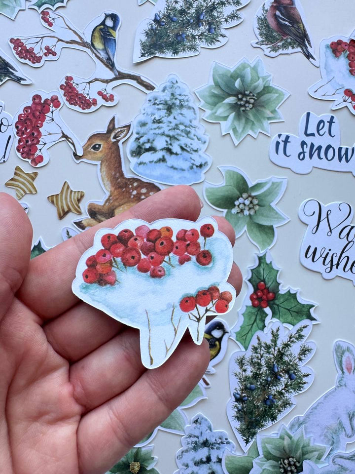 52 Winter Die Cuts, Country Winter Ephemera, Deer Rabbit Birds & Botanical Cardstock Pieces, NOT Stickers, No Adhesive