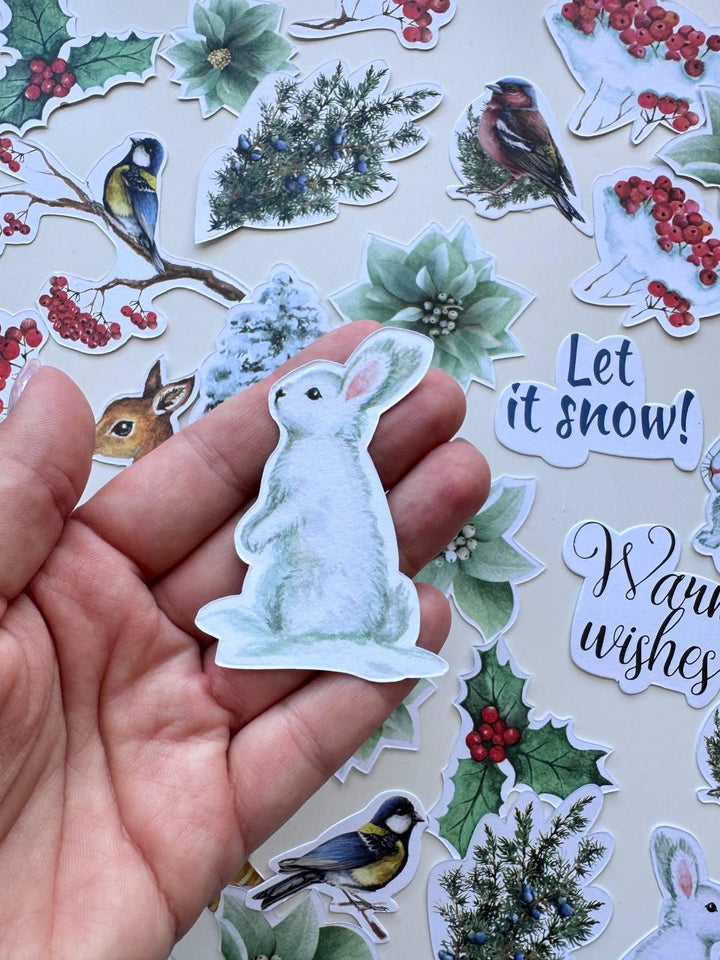 52 Winter Die Cuts, Country Winter Ephemera, Deer Rabbit Birds & Botanical Cardstock Pieces, NOT Stickers, No Adhesive