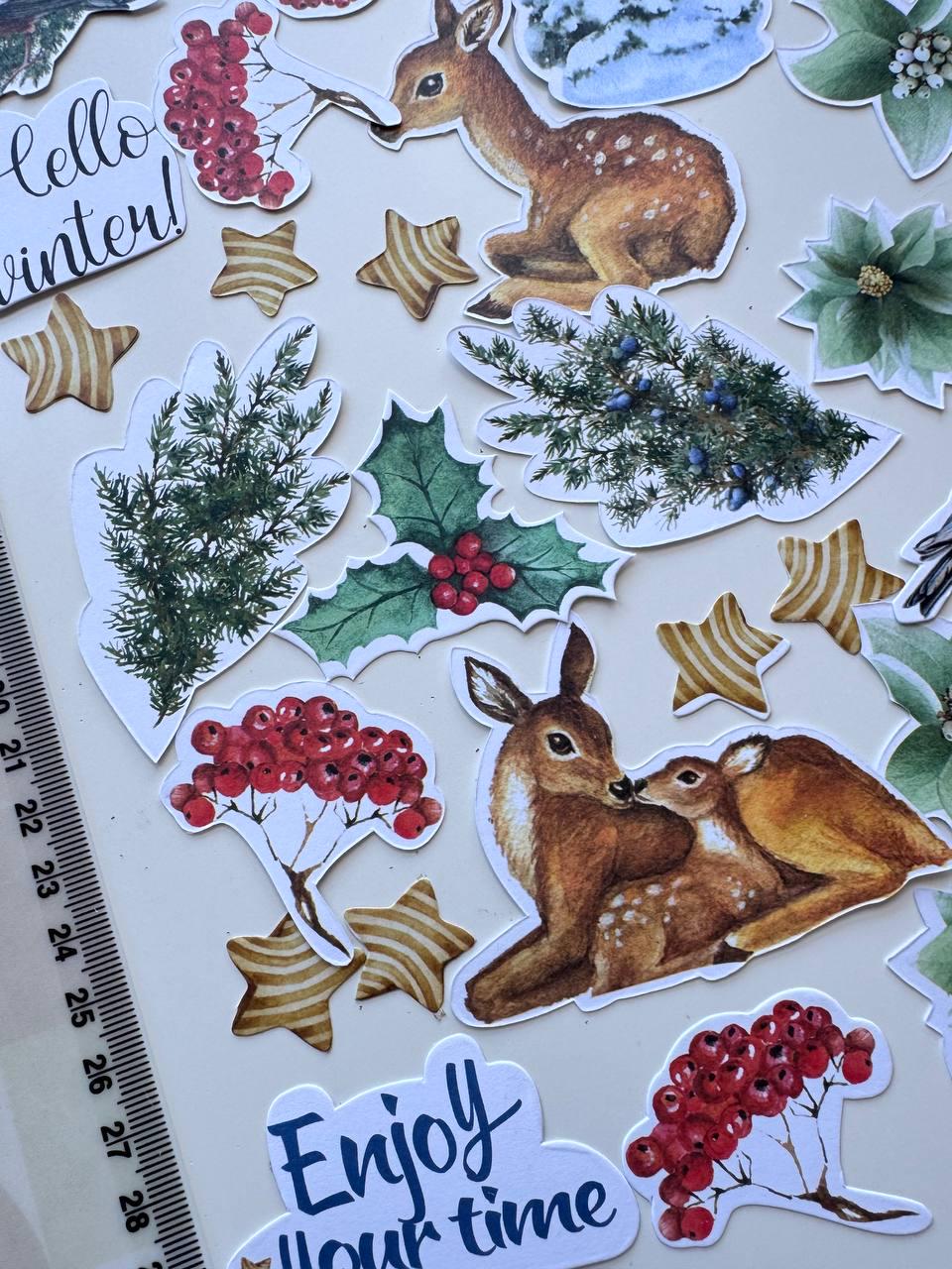 52 Winter Die Cuts, Country Winter Ephemera, Deer Rabbit Birds & Botanical Cardstock Pieces, NOT Stickers, No Adhesive