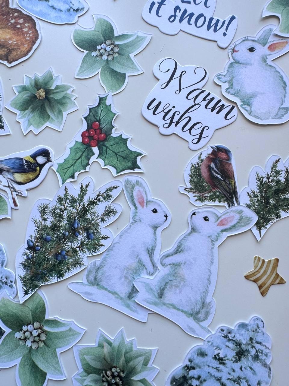 52 Winter Die Cuts, Country Winter Ephemera, Deer Rabbit Birds & Botanical Cardstock Pieces, NOT Stickers, No Adhesive