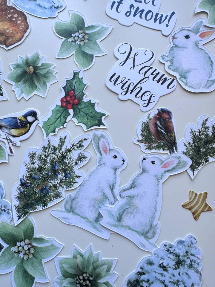 52 Winter Die Cuts, Country Winter Ephemera, Deer Rabbit Birds & Botanical Cardstock Pieces, NOT Stickers, No Adhesive