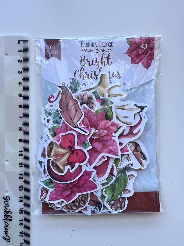 61 Christmas Die Cuts, Bright Christmas Ephemera, Poinsettia Deer Pinecones Cardstock Pieces, NOT Stickers, No Adhesive