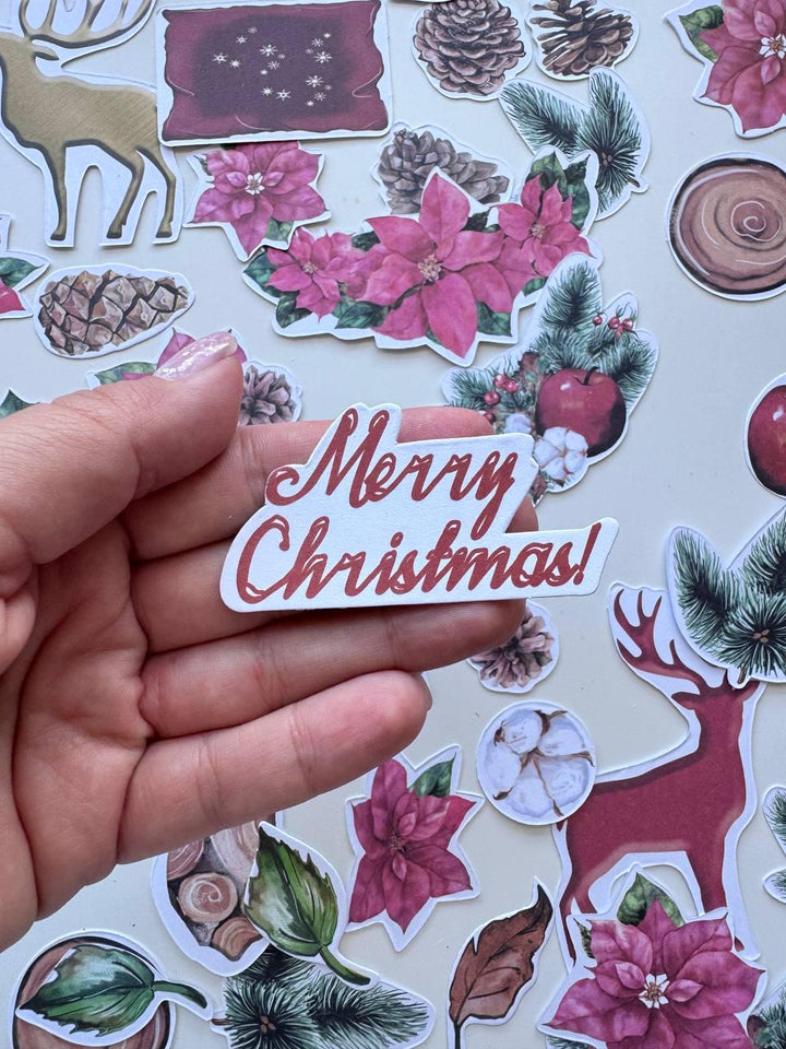 61 Christmas Die Cuts, Bright Christmas Ephemera, Poinsettia Deer Pinecones Cardstock Pieces, NOT Stickers, No Adhesive