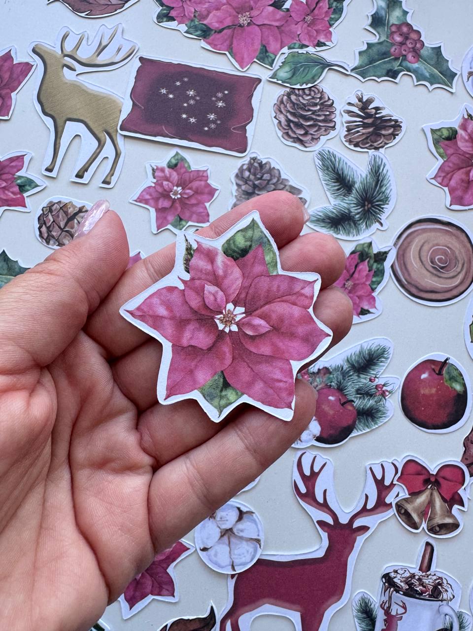 61 Christmas Die Cuts, Bright Christmas Ephemera, Poinsettia Deer Pinecones Cardstock Pieces, NOT Stickers, No Adhesive