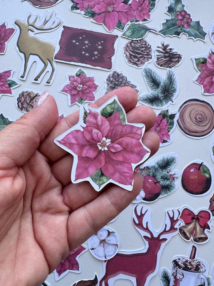 61 Christmas Die Cuts, Bright Christmas Ephemera, Poinsettia Deer Pinecones Cardstock Pieces, NOT Stickers, No Adhesive