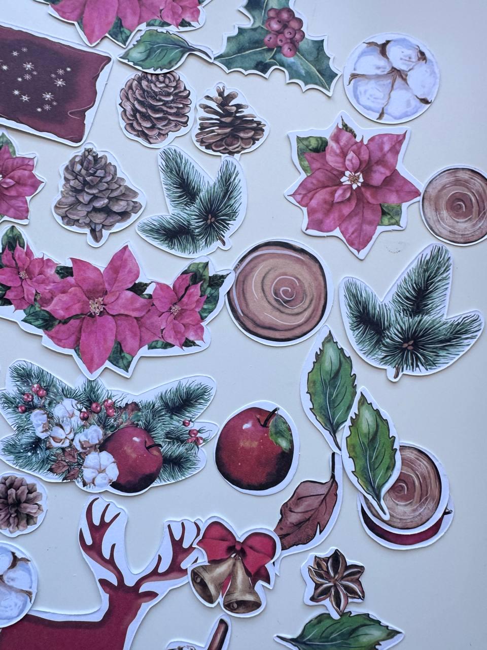 61 Christmas Die Cuts, Bright Christmas Ephemera, Poinsettia Deer Pinecones Cardstock Pieces, NOT Stickers, No Adhesive