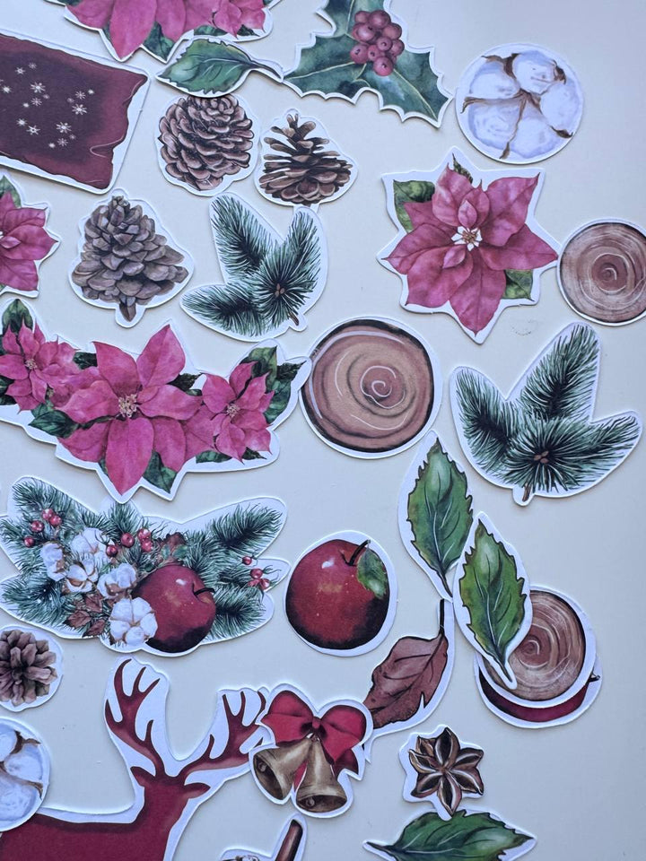 61 Christmas Die Cuts, Bright Christmas Ephemera, Poinsettia Deer Pinecones Cardstock Pieces, NOT Stickers, No Adhesive