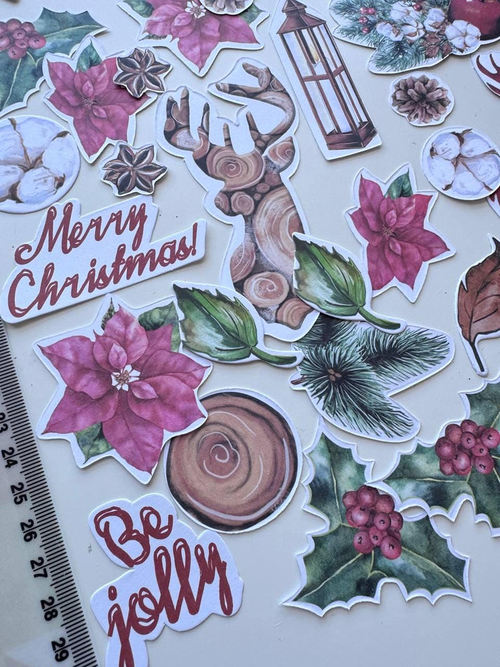 61 Christmas Die Cuts, Bright Christmas Ephemera, Poinsettia Deer Pinecones Cardstock Pieces, NOT Stickers, No Adhesive
