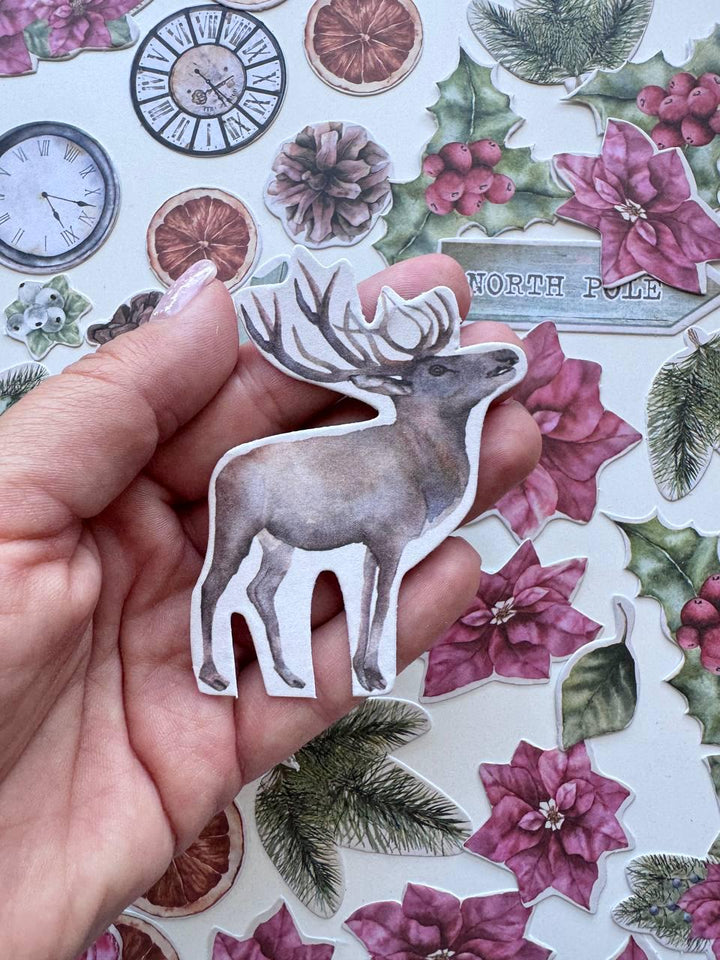 61 Winter Die Cuts, Winter Wonders Christmas Ephemera, Deer Poinsettia Pinecones, NOT Stickers, No Adhesive Cardstock Pieces