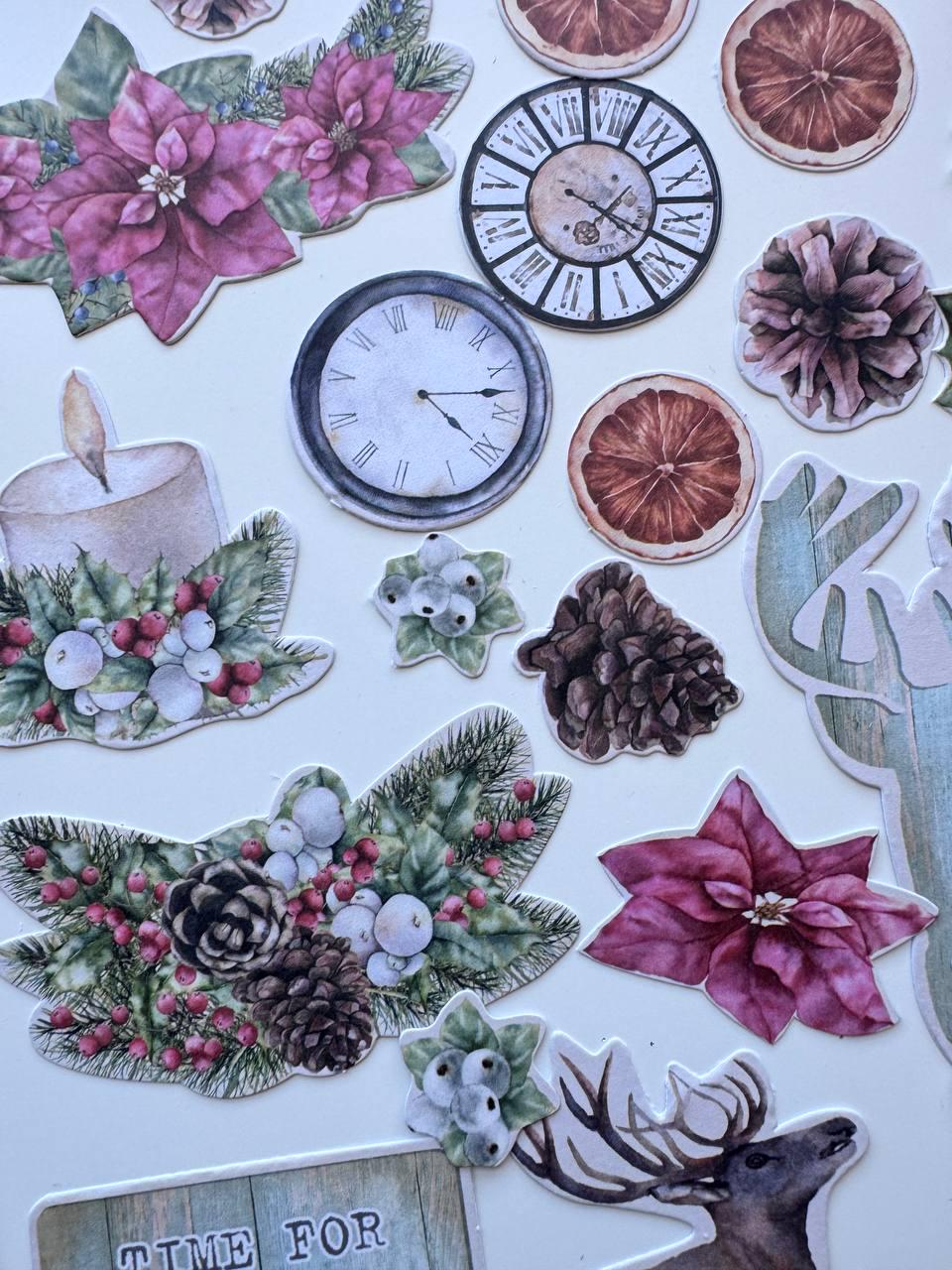 61 Winter Die Cuts, Winter Wonders Christmas Ephemera, Deer Poinsettia Pinecones, NOT Stickers, No Adhesive Cardstock Pieces
