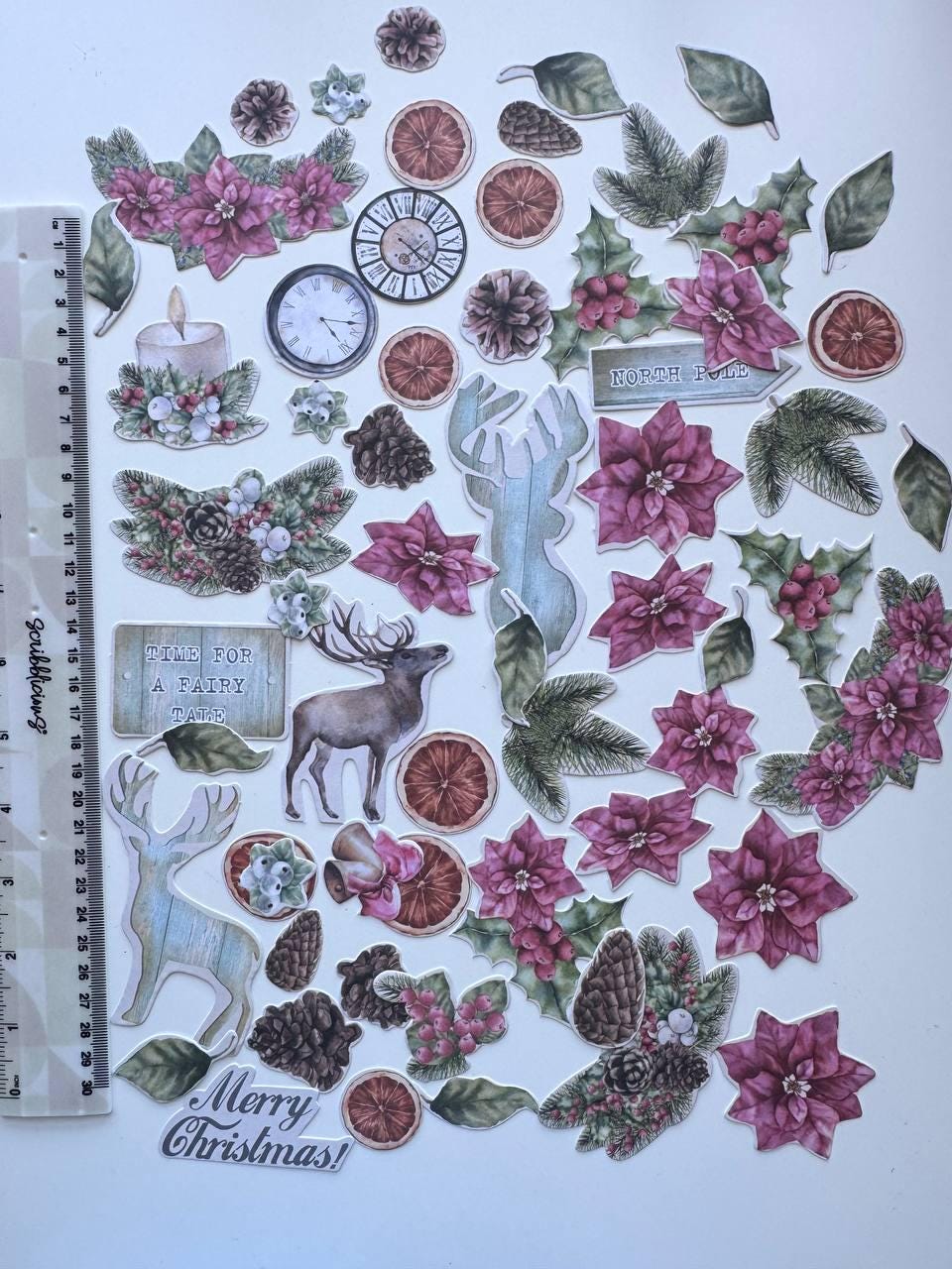 61 Winter Die Cuts, Winter Wonders Christmas Ephemera, Deer Poinsettia Pinecones, NOT Stickers, No Adhesive Cardstock Pieces