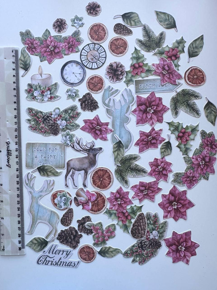 61 Winter Die Cuts, Winter Wonders Christmas Ephemera, Deer Poinsettia Pinecones, NOT Stickers, No Adhesive Cardstock Pieces