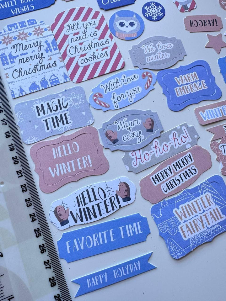 50 Hygge Winter Die Cuts, Christmas Words & Labels, Winter Ephemera, Cardstock Pieces, NOT Stickers, No Adhesive