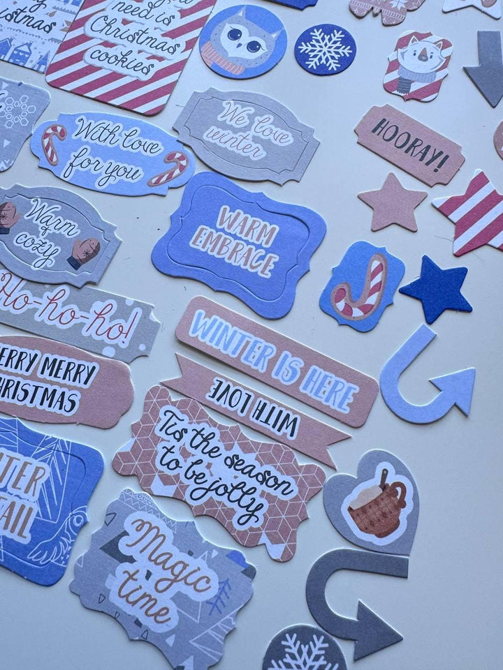 50 Hygge Winter Die Cuts, Christmas Words & Labels, Winter Ephemera, Cardstock Pieces, NOT Stickers, No Adhesive
