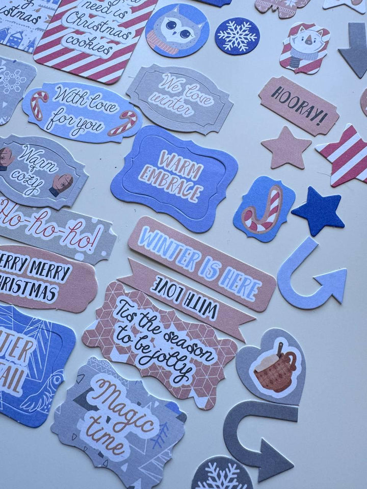 50 Hygge Winter Die Cuts, Christmas Words & Labels, Winter Ephemera, Cardstock Pieces, NOT Stickers, No Adhesive