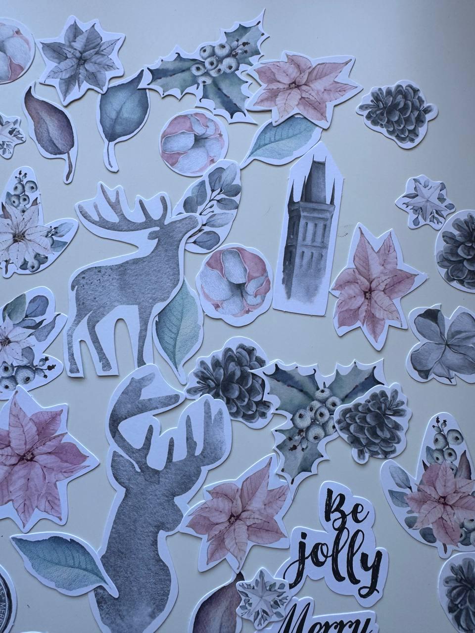61 Winter Melody Die Cuts, Christmas Floral & Deer Ephemera, Cardstock Pieces, NOT Stickers, No Adhesive, Junk Journal