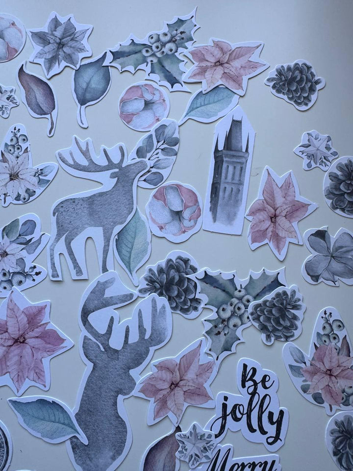 61 Winter Melody Die Cuts, Christmas Floral & Deer Ephemera, Cardstock Pieces, NOT Stickers, No Adhesive, Junk Journal