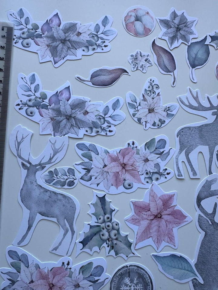 61 Winter Melody Die Cuts, Christmas Floral & Deer Ephemera, Cardstock Pieces, NOT Stickers, No Adhesive, Junk Journal
