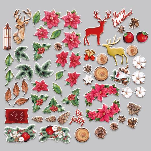 61 Christmas Die Cuts, Bright Christmas Ephemera, Poinsettia Deer Pinecones Cardstock Pieces, NOT Stickers, No Adhesive