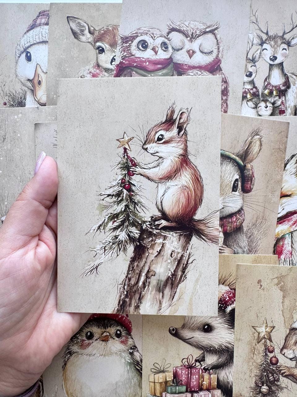 Set of 20 Christmas Woodland Animal Postcards, Winter Wildlife Cards, 10 x 14.5 cm, 20 Different Designs, Single-Sided Cards