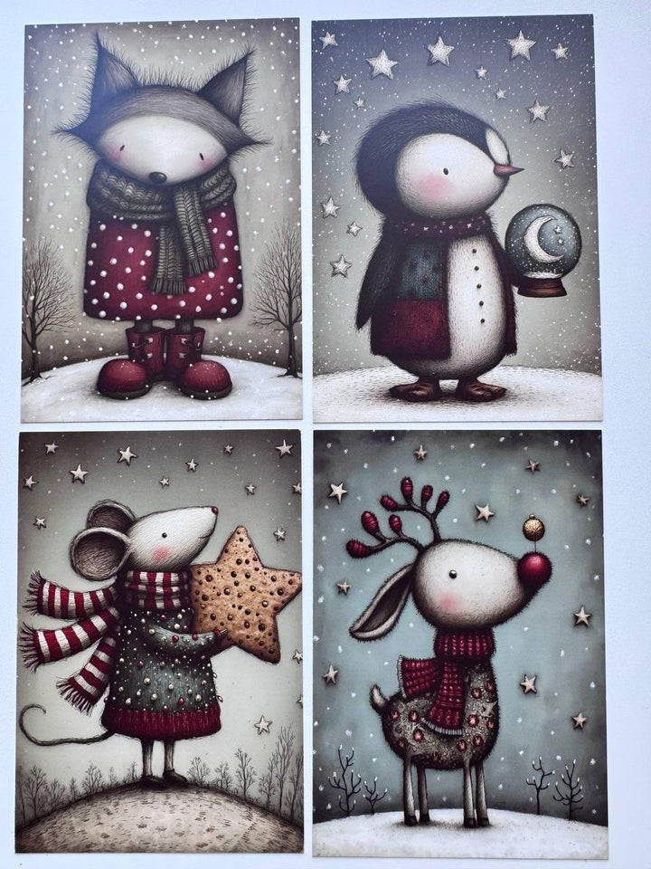 Set of 20 Christmas Animal Postcards, Cute Fox Mouse Bunny Cards, 10 x 14.5 cm, 20 Different Designs, Single-Sided Winter Cards