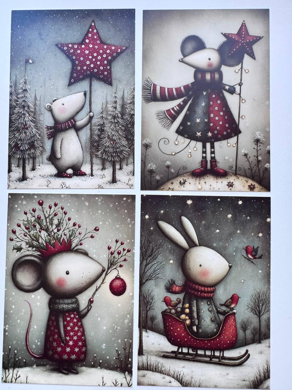 Set of 20 Christmas Animal Postcards, Cute Fox Mouse Bunny Cards, 10 x 14.5 cm, 20 Different Designs, Single-Sided Winter Cards