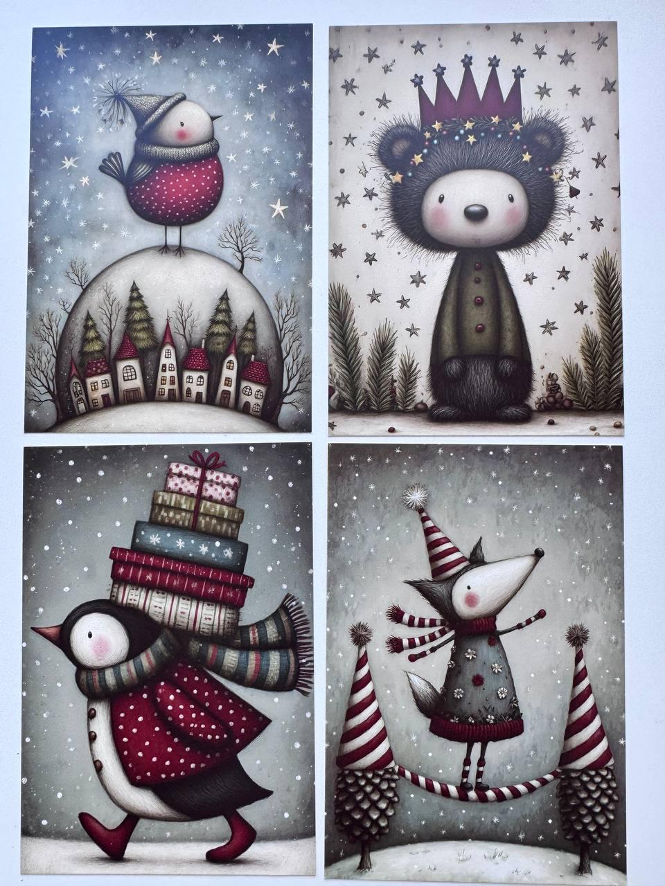 Set of 20 Christmas Animal Postcards, Cute Fox Mouse Bunny Cards, 10 x 14.5 cm, 20 Different Designs, Single-Sided Winter Cards