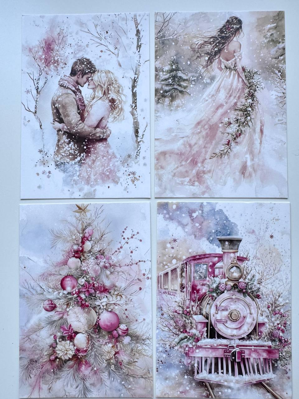 Set of 20 Pink Christmas Postcards, Vintage Santa Winter Cards, 10 x 14.5 cm, 20 Different Designs, Single-Sided Festive Cards