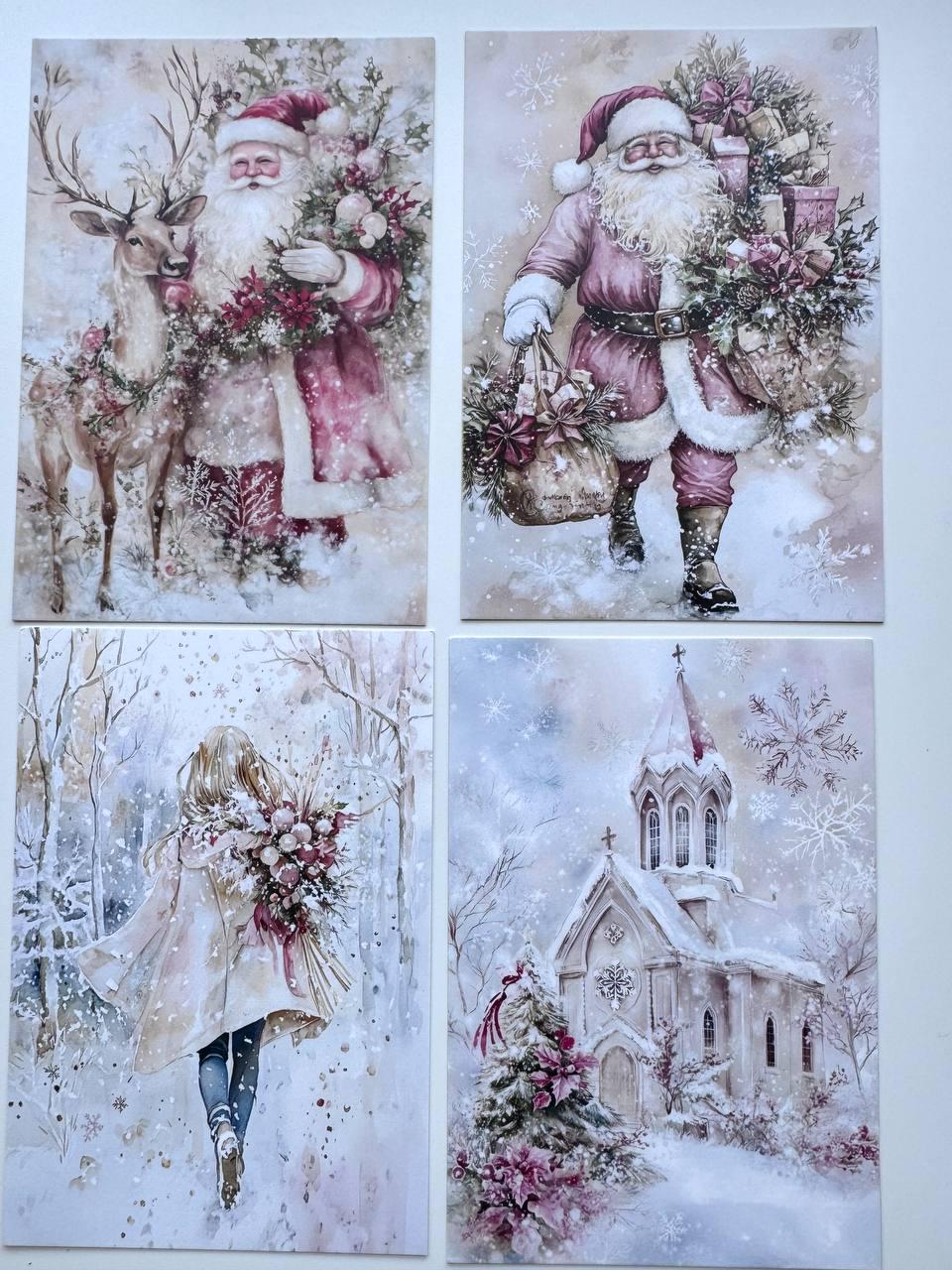 Set of 20 Pink Christmas Postcards, Vintage Santa Winter Cards, 10 x 14.5 cm, 20 Different Designs, Single-Sided Festive Cards