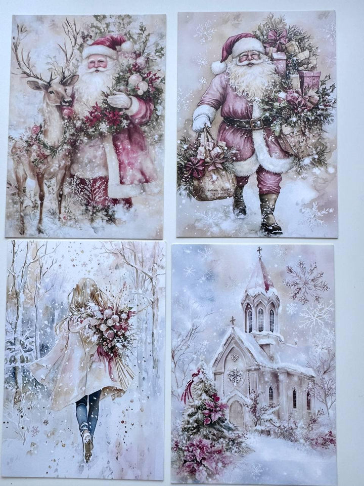 Set of 20 Pink Christmas Postcards, Vintage Santa Winter Cards, 10 x 14.5 cm, 20 Different Designs, Single-Sided Festive Cards