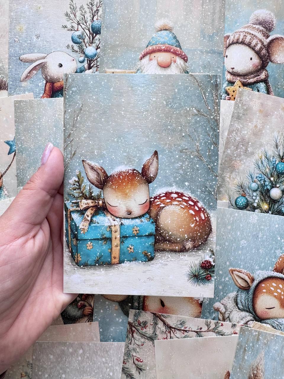 Set of 20 Woodland Christmas Postcards, Cute Deer Bunny Squirrel Cards, 10 x 14.5 cm, 20 Different Designs, Single-Sided Winter Cards