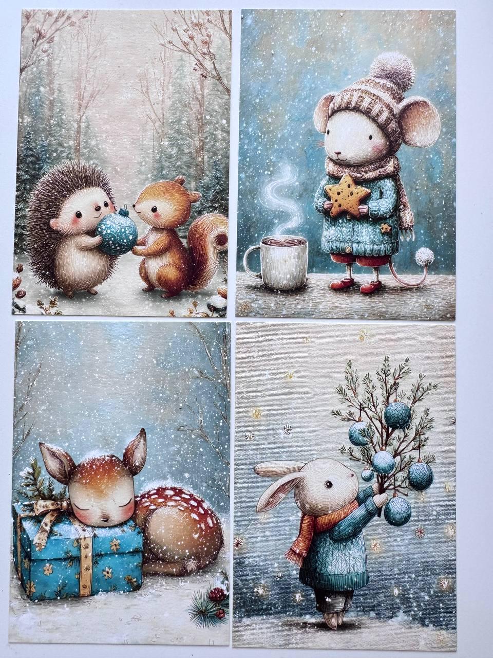 Set of 20 Woodland Christmas Postcards, Cute Deer Bunny Squirrel Cards, 10 x 14.5 cm, 20 Different Designs, Single-Sided Winter Cards