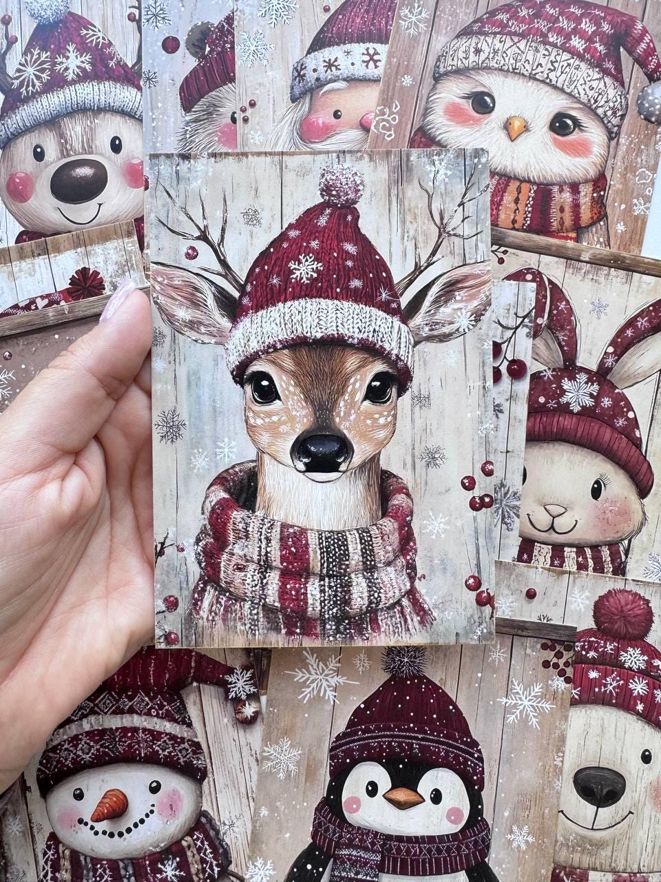 Set of 20 Cute Christmas Animal Postcards, Reindeer Owl Penguin Santa Cards, 10 x 14.5 cm, 20 Different Designs, Single-Sided