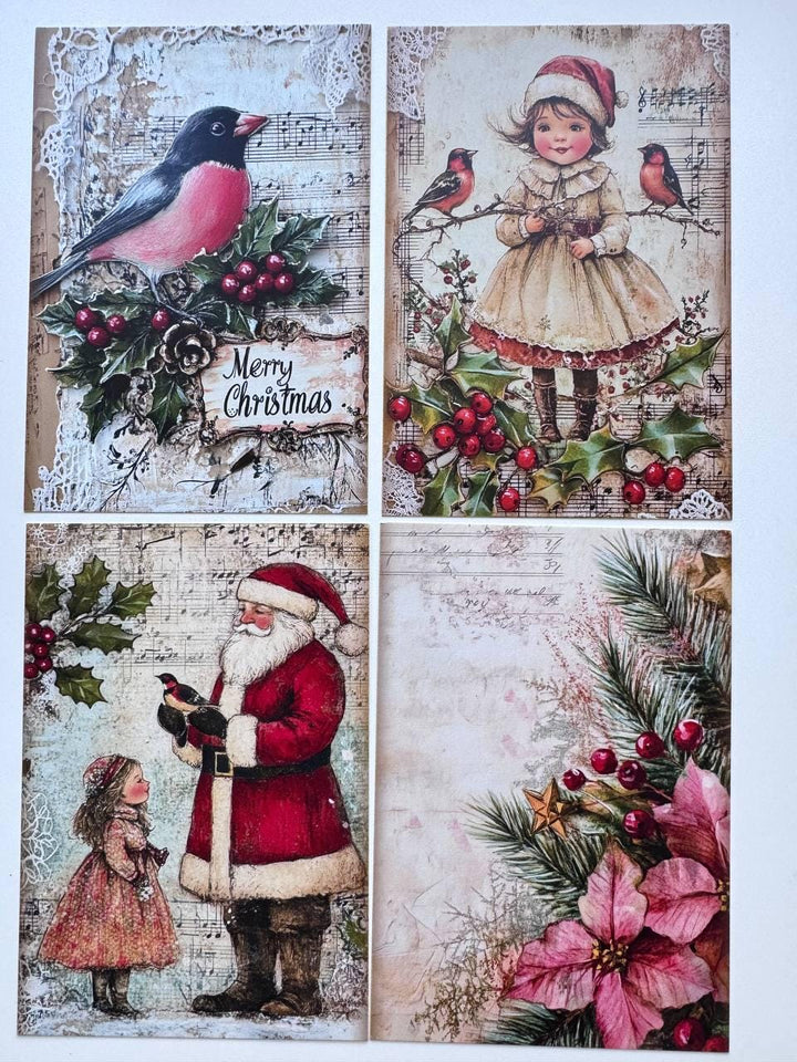 Set of 20 Vintage Christmas Postcards, Santa & Winter Birds, 10 x 14.5 cm, 20 Different Designs, Single-Sided, Junk Journal Cards