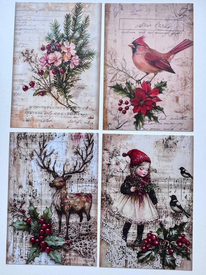 Set of 20 Vintage Christmas Postcards, Santa & Winter Birds, 10 x 14.5 cm, 20 Different Designs, Single-Sided, Junk Journal Cards