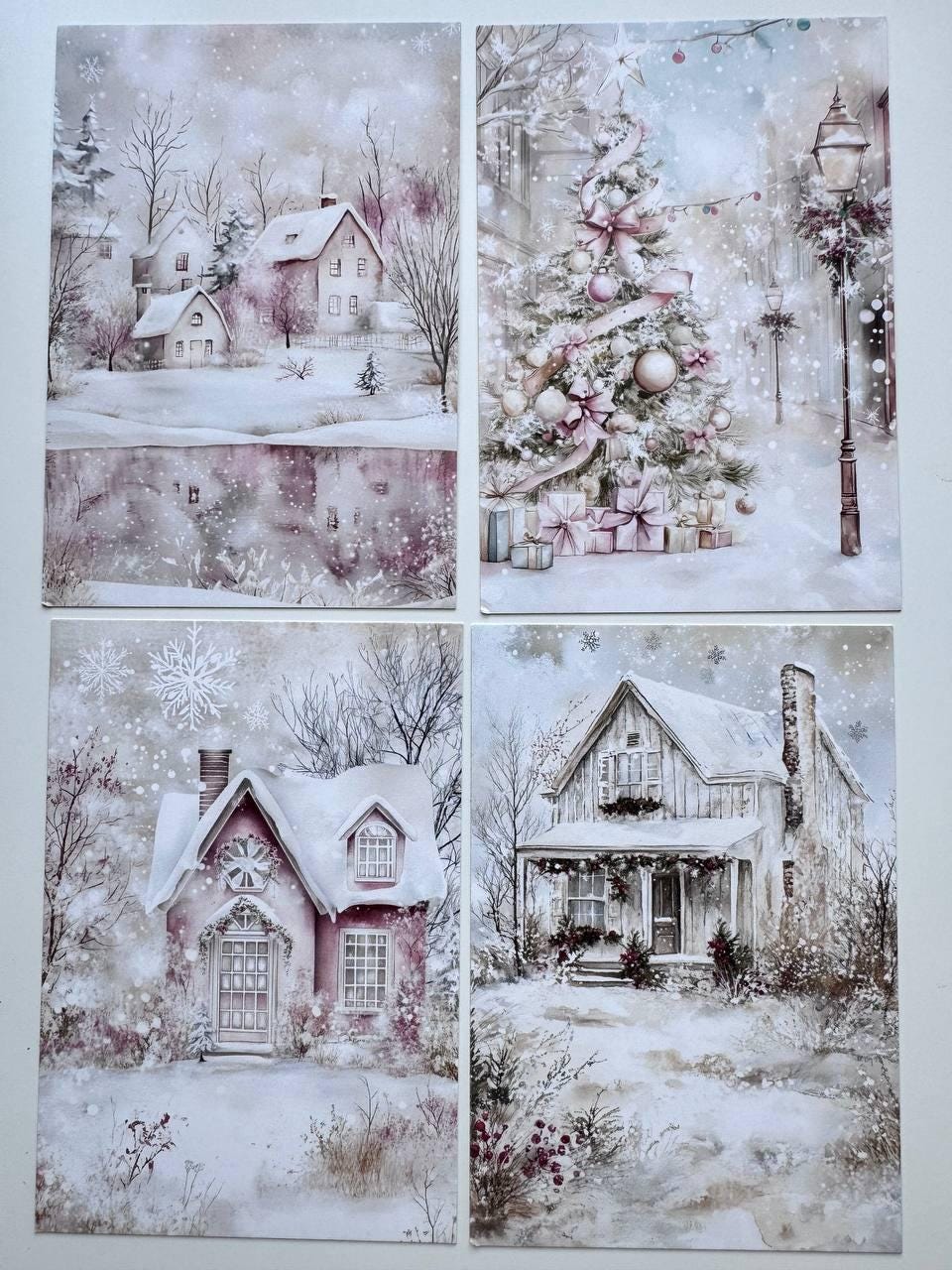 Set of 20 Pink Christmas Postcards, Winter Wonderland & Snowman Cards, 10 x 14.5 cm, 20 Different Designs, Single-Sided