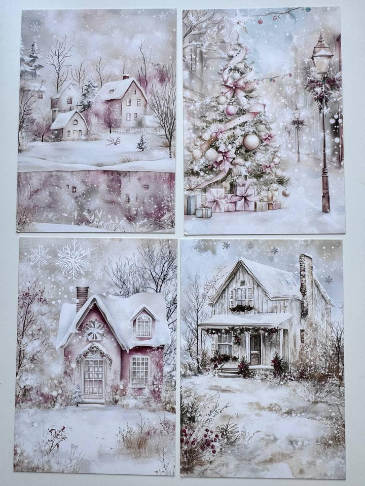 Set of 20 Pink Christmas Postcards, Winter Wonderland & Snowman Cards, 10 x 14.5 cm, 20 Different Designs, Single-Sided