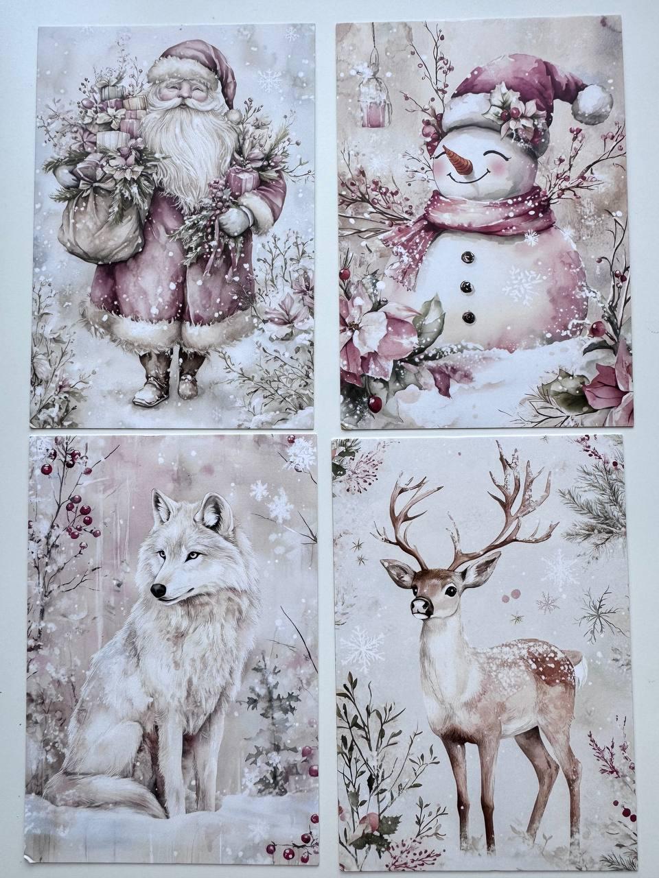 Set of 20 Pink Christmas Postcards, Winter Wonderland & Snowman Cards, 10 x 14.5 cm, 20 Different Designs, Single-Sided